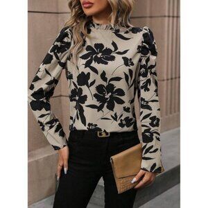 Floral Print Mock Neck Puff Sleeve Blouse